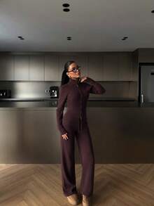 FOR BEAUTY Fall Winter Y2K Elegant Dark Brown Full Zip Up Stand Collar Knit Jacket Drawstring Wide Leg Pants Two Pieces Set Women Outfits - Coffee - View 1