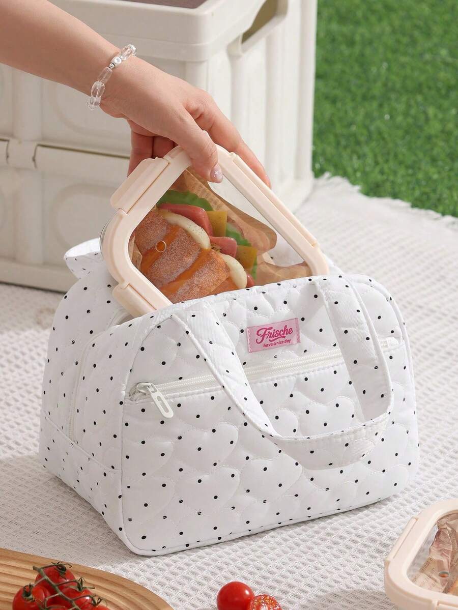 1pc Polka Dot & Bow Print Soft Fluffy Insulated Lunch Bag, Large Capacity Multi-Pocket Portable Bento Bag, Commute School Picnic Thermal Handbag - Multicolor - View 1