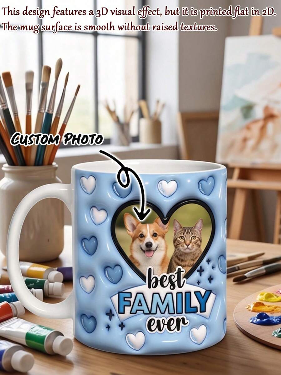 Customizable Blue Pet Photo Ceramic Mug, 11oz Capacity, Pink Heart Design, Best Family Coffee Cup, Personalized Gift For Dog And Cat Lovers - Blue - View 1