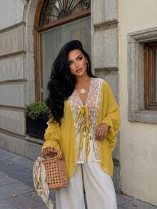 Women's Yellow Lace Patchwork Tie Front Blouse, Ruffle Flare Cuff Loose Batwing Sleeve Cardigan, Casual Daily Chiffon Outer Wear - Yellow - View 1
