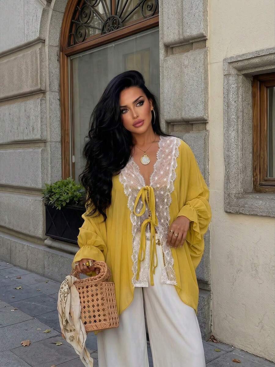 Women's Yellow Lace Patchwork Tie Front Blouse, Ruffle Flare Cuff Loose Batwing Sleeve Cardigan, Casual Daily Chiffon Outer Wear - Yellow - View 1