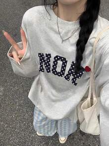 女款時尚秋冬純棉寬鬆百搭字母與卡通印花長袖T恤 - 淺花灰 - 查看 3