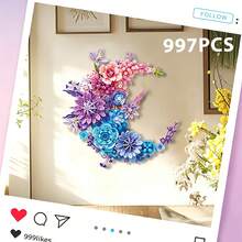Moon Shaped Building Block Flower Bouquet Set, 977PCS Wall Mountable Artificial Flower Model, Creative Home Wall Decor, DIY Assembly Toy For Adults Flower Lovers,Decor ,Halloween,Christmas,Birthday Gift - Multicolor - View 6