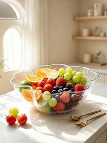 1pc Large Capacity Transparent PET Fruit & Vegetable Bowl, High Transparency Visible Texture, Petal Wave Ruffled Open Design, Shatter-Resistant And Durable, Clear Without Impurities, Suitable For Holding Vegetables, Fruits, Salads, Snacks, Nuts, Also As A Vegetable Washing & Draining Container, Fits Home Kitchen Meal Prep, Living Room Fruit Display, Picnic, Party, Daily Use, Holiday Hosting - Clear - View 5