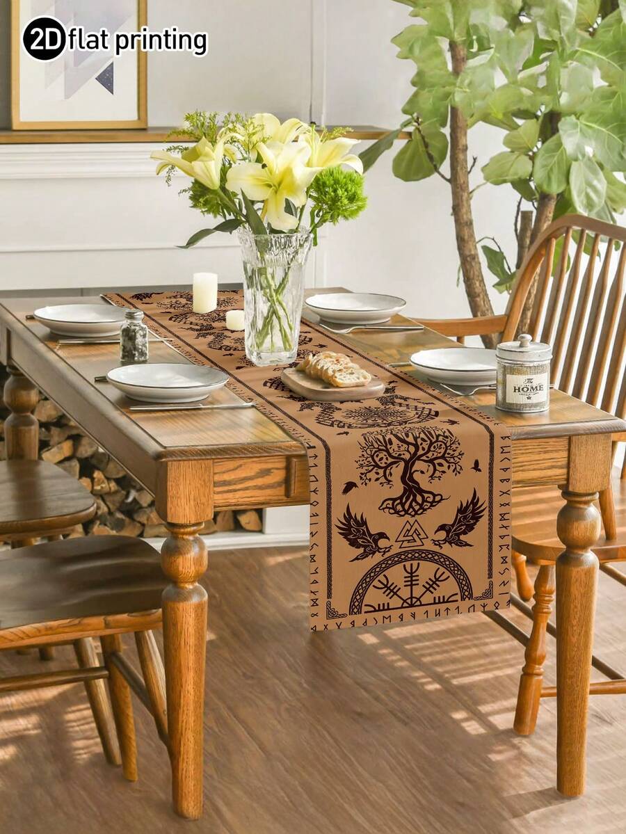 1pc Themed Table Runner, Viking Style Printed Microwave Dust Cover, Protective Cover, Rectangular Tablecloth, Washable, Suitable For Home Dinner, Coffee Table, Kitchen And Dining Room Decoration, Table Decor Party, Home Decor, Outdoor Patio Table Runner Decoration, Entryway Decoration, Fireplace Towel Decoration - Brown - View 1