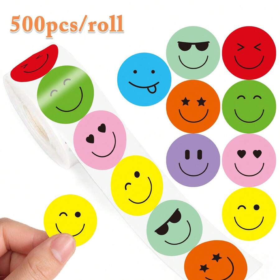 500pcs/Roll Smiling Face Labels Colorful Smiling Face Labels Holiday Teacher Reward Decorative Stickers Motivational Stickers Happy Smiling Face Handmade Seal Stickers Gift Self-Adhesive Seal Stickers PVC Waterproof Stickers - Multicolor - View 1