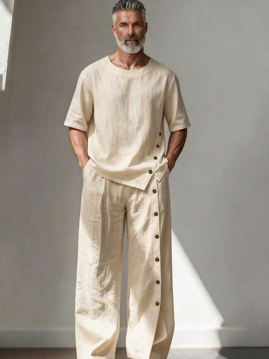 GOLDREDY 夏季日系文青風男士寬鬆圓領短袖襯衫與不對稱鈕扣寬腿褲兩件套,薄款休閒穿搭,送給男友或丈夫的禮物 - 杏色 - 查看 1
