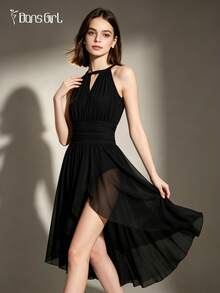 DonsGirl 1pc Women's Halter Neck Backless Dance Dress, Flowy Draped Mesh Front Slit Midi Skirt, Elegant Ballet & Modern Lyrical Dance Costume, Suitable For Class, Solo Performance - Black - View 11