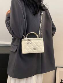BEIKAMU 1pc Niche Design Rhombus Pattern Handheld Box Bag, New Season Lipstick Coin Purse, Elegant Chic Chain Shoulder Crossbody Bag - White - View 7
