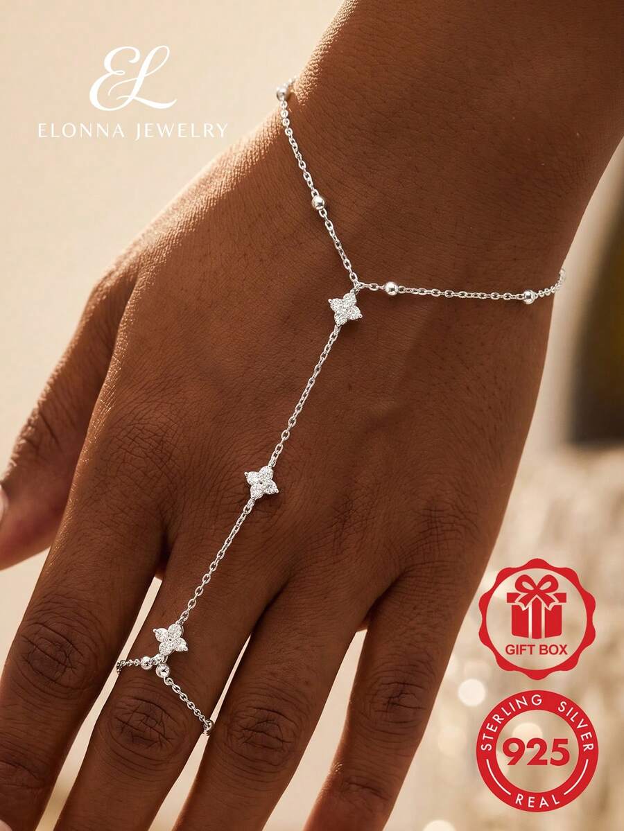 SYMFNY 1 件 925 纯银时尚优雅四叶草和方晶锆石连续指环和手链,适合女性日常、派对、节日穿着 - 銀色 - 查看 1