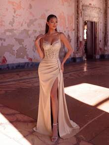 ADYCE Elegant V-Neck Suspender With Rhinestone Hot Stamping Perspective, High Waisted Long Ribbon Split Open Backless Lace Up And Floor Party Dress Prom - Apricot - View 3