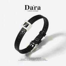 DARA Vintage Black Leather Bracelet S925 Silver Adjustable Wristband Luxury Gift Box Holiday Gift - Black - View 7
