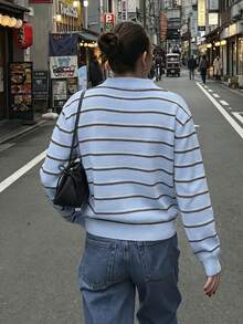 Women's Fashion Polo Collar Colorblock Button Knit Top, Long Sleeve Casual Sweater, Suitable For Autumn/Winter Daily Wear - Blue - View 12