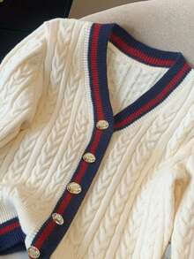 Women's Casual College Style Colorblock Striped Autumn/Winter Fashion Gold Button Knit Cardigan - Apricot - View 4