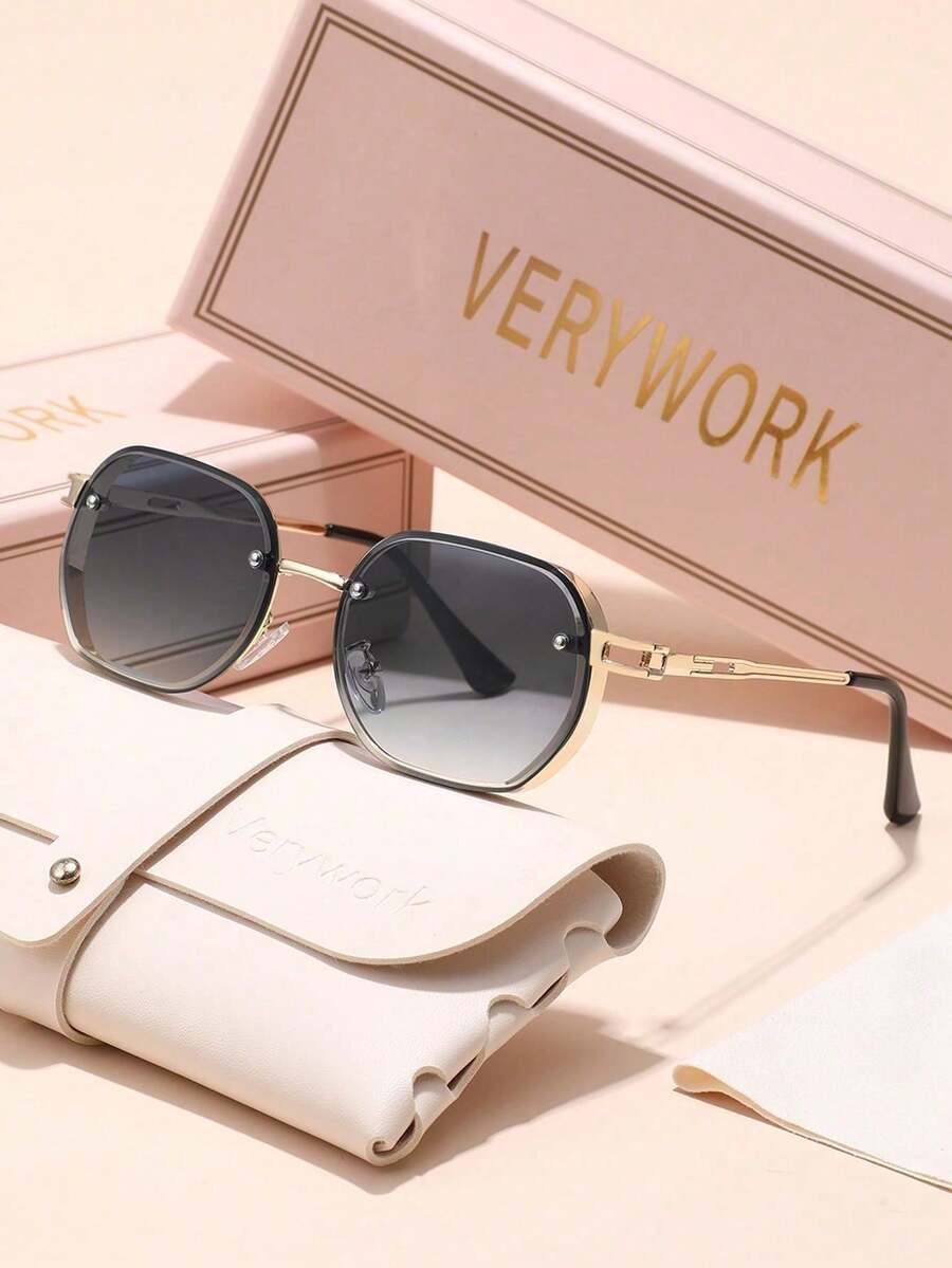 Verywork 1pc Personalized Geometric Brand Design Women's Sunglasses, Comes With Storage Case And Cleaning Cloth, Suitable For Beach Vacation, Street Fashion, Outdoor Travel, Driving Sun Protection And More - Multicolor - View 1