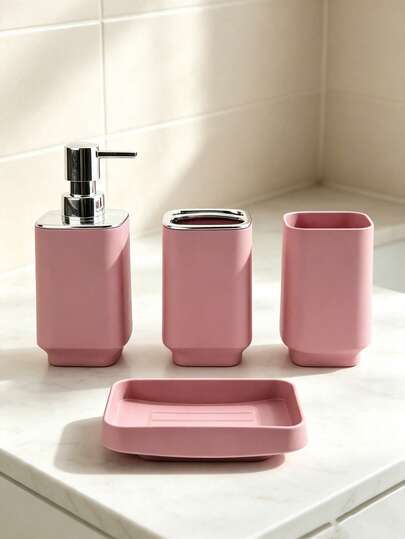 4Pcs Matte Square Bathroom Accessory Set, Toiletries Set, Soap Dispenser, Toothbrush Holder, Tumbler Cup & Soap Dish, Bathroom Decoration,Bathroom EAssentials, Minimalist Bathroom Countertop Decor Organiser, Multi Colour Option