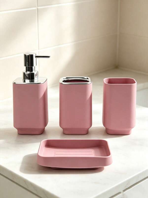 4Pcs Matte Square Bathroom Accessory Set, Toiletries Set, Soap Dispenser, Toothbrush Holder, Tumbler Cup & Soap Dish, Bathroom Decoration,Bathroom EAssentials, Minimalist Bathroom Countertop Decor Organiser, Multi Colour Option