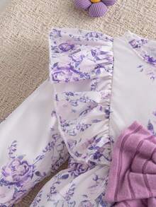 Autumn/Winter Baby Girl Purple Rose Floral Long Sleeve Bodysuit & Ruffle Flutter Sleeve Big Bow Baby Girl 100 Days Celebration Romper With Bow Long Leg Warmers Set - Mauve Purple - View 4