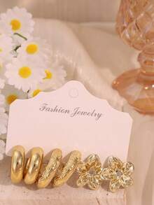 3-9 Pairs Set Vintage Metal Gold Stud Earrings, Asymmetrical Textured Floral C-Hoop Earrings, Versatile Commuter Earring Set - Gold - View 6