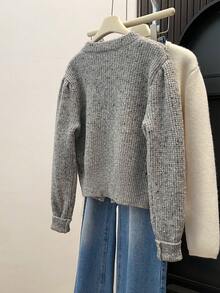 Women's Spotted Knit Cardigan, Black Bow Decor Button Sweater, Suitable For Halloween, Thanksgiving And Christmas - Grey - View 9