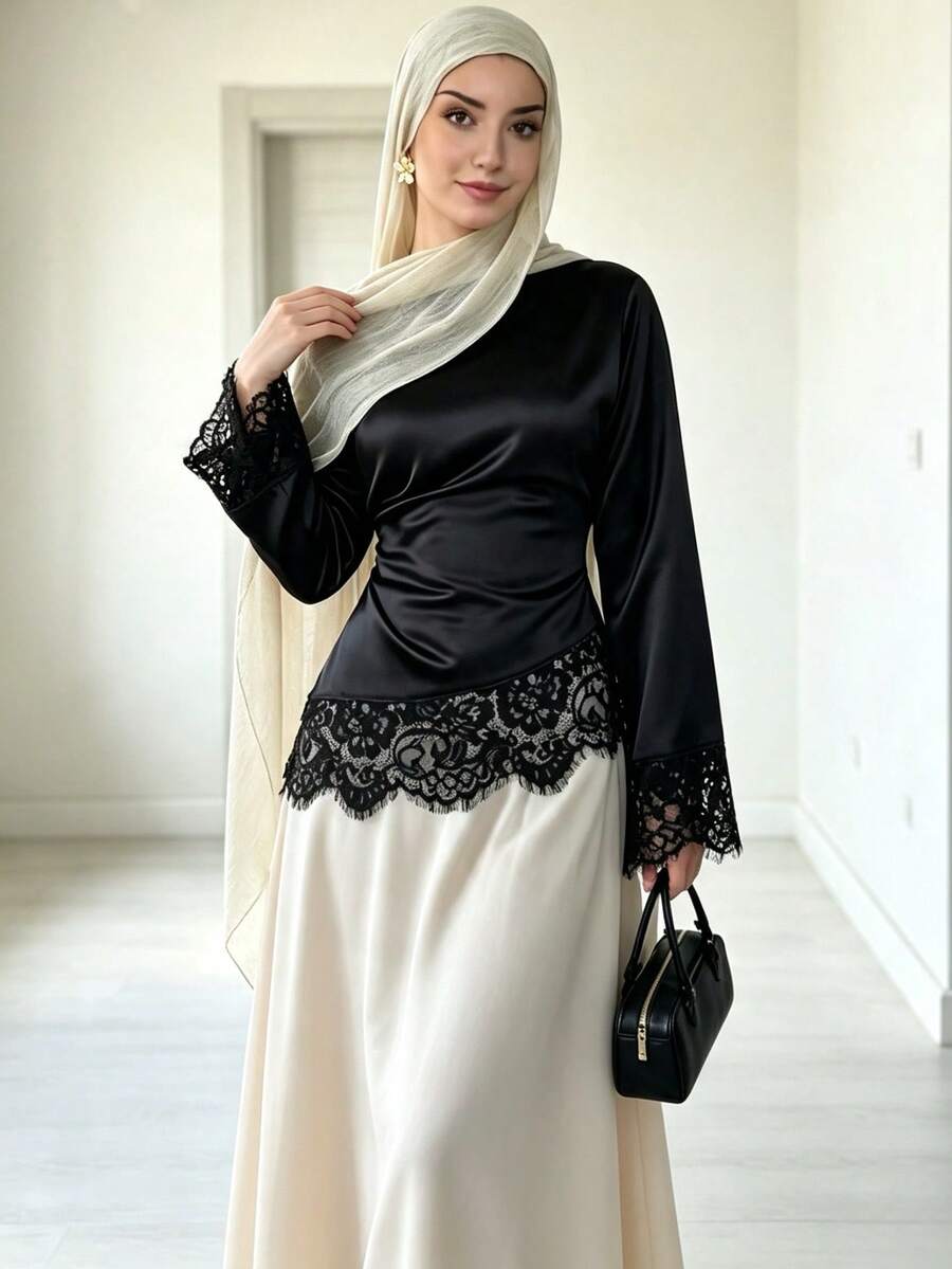 Women's Elegant Satin Long Sleeve Round Neck Top, Graceful Lace Patchwork Cuffs And Hem, Dubai Style Islamic Muslim Casual Wear, Autumn/Winter