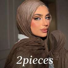 1pc Tie-Dye Arabic Hijab, Thin Solid Color Lightweight Casual Long Scarf, Suitable For Daily Use, Riffled Hijab - Coffee 2 Pieces - View 2