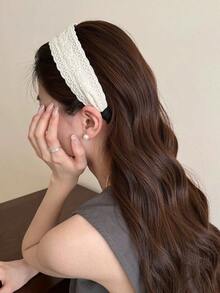 1pc Premium Beige Floral Lace Pearl Wide Headband For Women, Fashionable Hair Clip For Washing Face, Elegant Hair Accessory - Beige - View 6