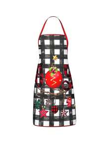 4 Pcs Christmas Black Santa & Buffalo Plaid Reindeer Print Apron Set, Holiday Themed Kitchen Cooking Baking Aprons For Xmas Party Home Decoration - Multicolor - View 8