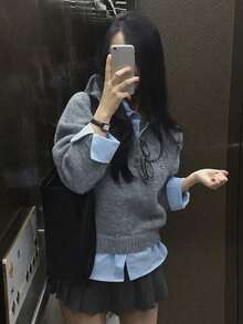 Autumn/Winter Sweater Design Layered 2 In 1 Long Sleeve Knit Sweater - Flower Grey - View 2