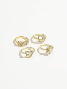 Bộ 4 nhẫn kim loại xếp chồng phong cách INS cho nữ, nhẫn đính đá rhinestone hình trái tim LOVE và hình sao phối ngọc trai giả, thời trang đa năng - Vàng - Xem 2