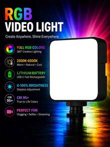 便攜式 RGB LED 攝影補光燈,2500K-6500K 可調光,CRI95+ 攝影照明,可充電鋰電池,USB-C 迷你錄影燈,適用於 Vlogging、自拍、直播、化妝、內容創作 - 查看 2