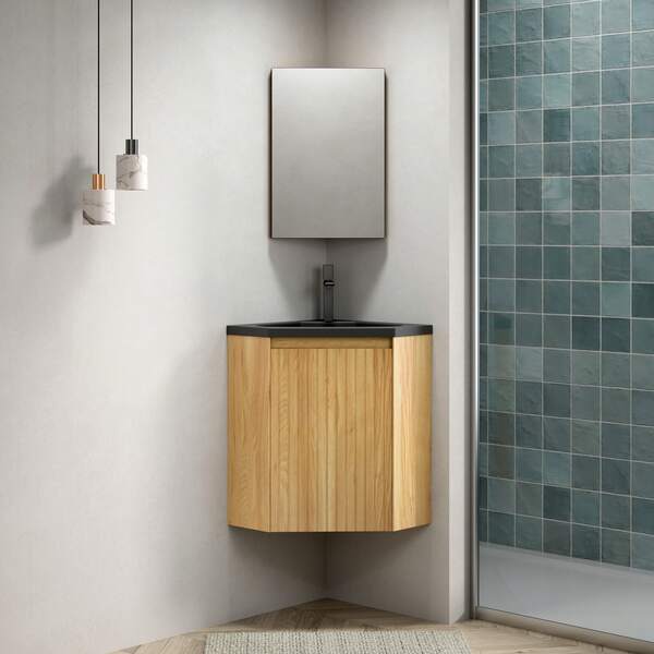 38cm Wall Mount Bathroom Vanity With Matt Black Resin Integration Basin, Triangular Plywood Cabinets With Strips, For Corners, One Door, Pre-Assembled, Natural Wood Grain Color, 54.5 X 38.5 X 52.4 Cm