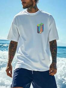 Camiseta Colorida con Estampado de Logotipo Geométrico 3D,% Algodón, 180 g/², Cuello Redondo, Transpirable, Corte Regular, Estilo Casual de Verano - Blanco - Ver 3