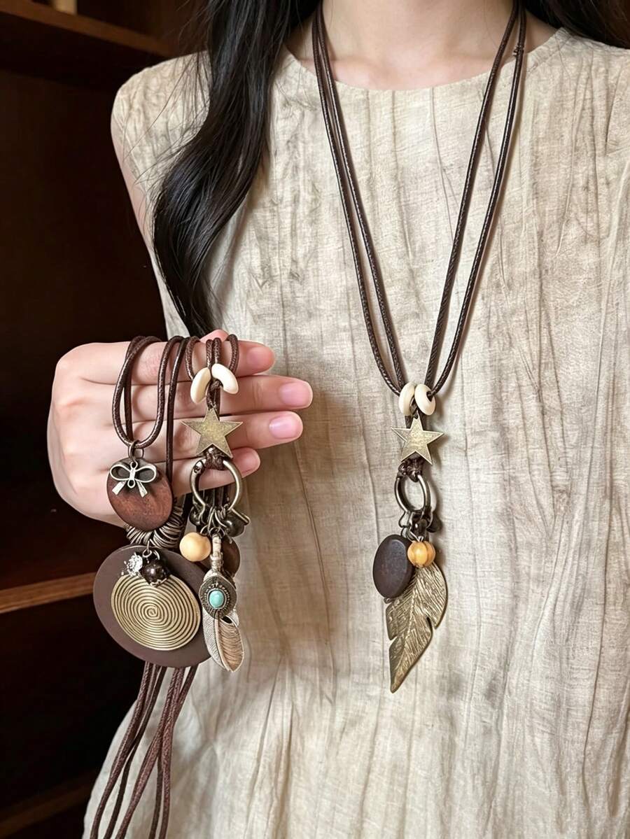 3pcs/Set Bohemian Vintage Geometric Feather Leaf Pendant Necklace, Suitable For Daily Wear, Party And Gift - Multicolor - View 1