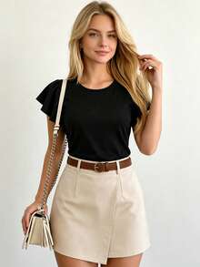 Women's Autumn Outfit, Spring/Autumn 2 Pieces Set, Black Top With Ruffle Sleeves + Apricot Skort With Diagonal Texture, Elegant Mature Style Summer - Black - View 1