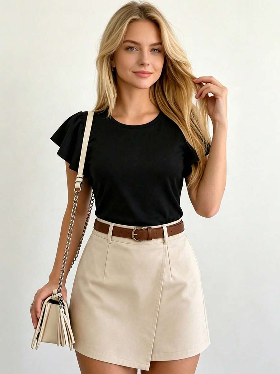 Women's Autumn Outfit, Spring/Autumn 2 Pieces Set, Black Top With Ruffle Sleeves + Apricot Skort With Diagonal Texture, Elegant Mature Style Summer - Black - View 1