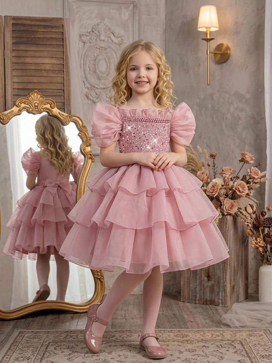 Young Girls Spaghetti Strap Beaded Sequin Organza Party Dress Suitable For Runway And Stage, Headband Not Included - Dusty Pink - View 1