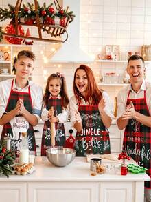 4Pcs Buffalo Plaid Christmas Kitchen Aprons Set, Reindeer Polar Bear Jingle Bells Printed Adjustable Cooking Chef Aprons, Xmas Holiday Decor Aprons For Women Men Home Baking Grilling Gift - Multicolor - View 2