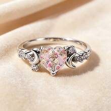 Vintage Rose Cross Heart Women's Ring, Crescent Zirconia Promise Ring, Romantic Floral Religious Christian Faith Jewelry Gift - Silver - View 3