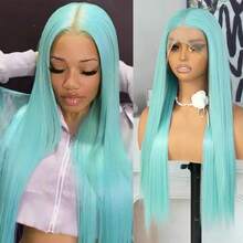 13x4 Teal Blue Lace Front Wigs Long Straight Blue Hair Ice Blue Lace Frontal Wigs 180 Density Heat Resistant Fiber Hair Lace Front Wig For Women Baby Blue Wigs Pre Plucked Glueless Synthetic Wigs For Daily, Party, Cosplay Use 28 Inch Halloween Wigs - 淺藍色 - 查看 9