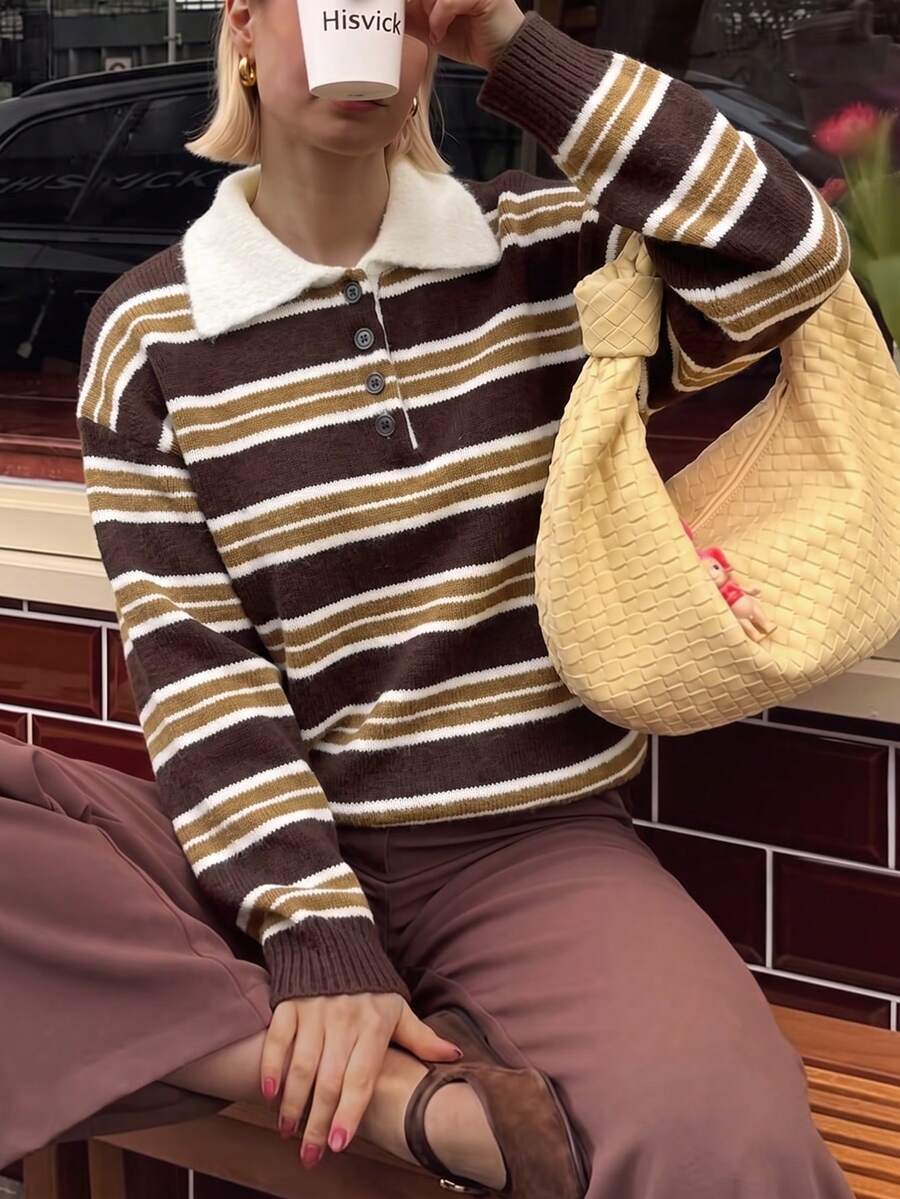 2026 Autumn Women's Classic Striped Contrast Color Polo Collar Button Knit Long Sleeve Pullover Sweater Top, Brown Top, Jumpers For Women, Women's Autumn Clothing, Suitable For Campus, Back To School, Holiday, Date, Street Wear And Other Occasions, Going Out Tops, Y2k, Party Top - Brown - View 1