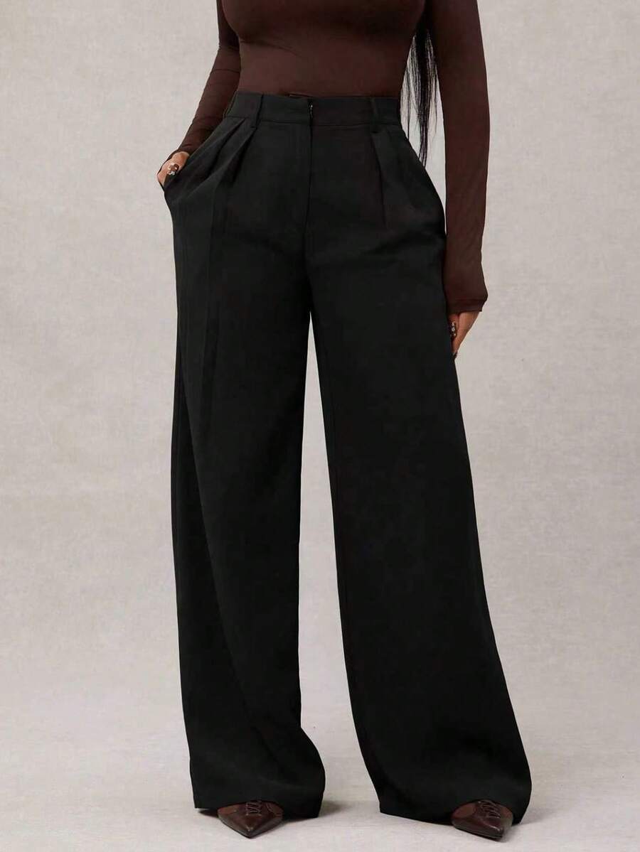 Women's Elegant Black Pure Cotton Wide Leg Pants, With Zipper Detail, Non-Stretch, Suitable For All Seasons - Black - View 1