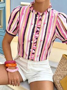 Standard Size Colorful Striped Short Sleeve Casual Vacation Shirt - Multicolor - View 1