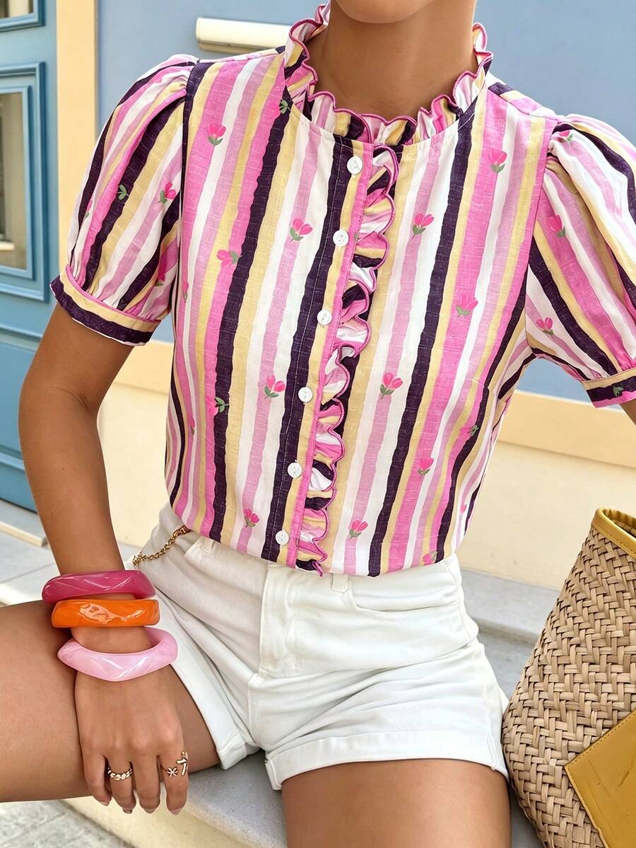 Standard Size Colorful Striped Short Sleeve Casual Vacation Shirt - Multicolor - View 1