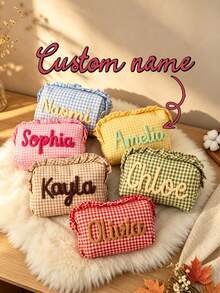 1 buah Tas Kosmetik/Tas Penyimpanan Perlengkapan Mandi Portabel Kapasitas Besar Motif Kotak-kotak dengan Pinggiran Bergelombang yang Dapat Disesuaikan dengan Nama/Hadiah untuk Wanita/Pengiring Pengantin - MultiWarna - View 1