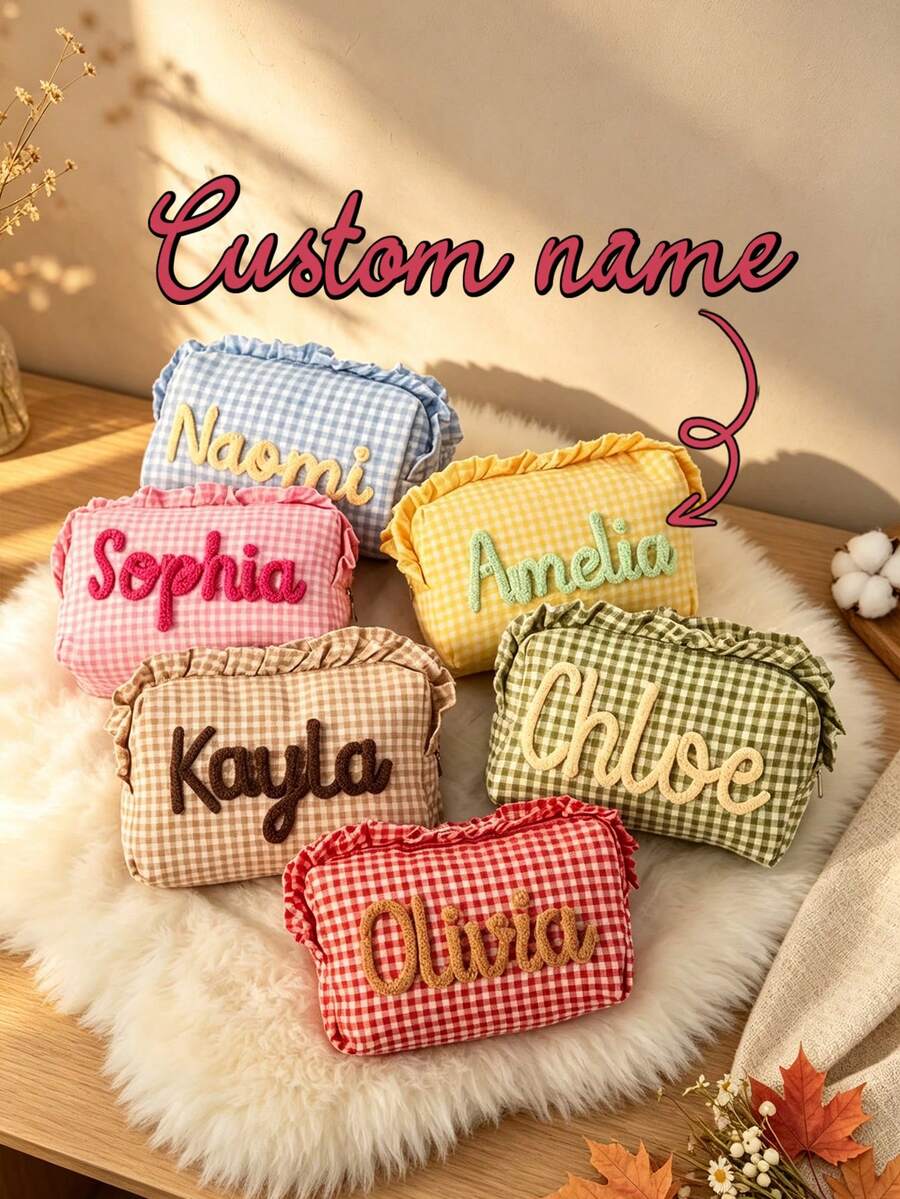 1 buah Tas Kosmetik/Tas Penyimpanan Perlengkapan Mandi Portabel Kapasitas Besar Motif Kotak-kotak dengan Pinggiran Bergelombang yang Dapat Disesuaikan dengan Nama/Hadiah untuk Wanita/Pengiring Pengantin - MultiWarna - View 1