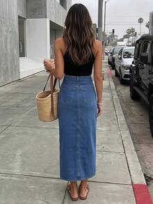 Women's Mid Waist Button Front Medium Wash Denim Skirt - Medium Wash - View 2