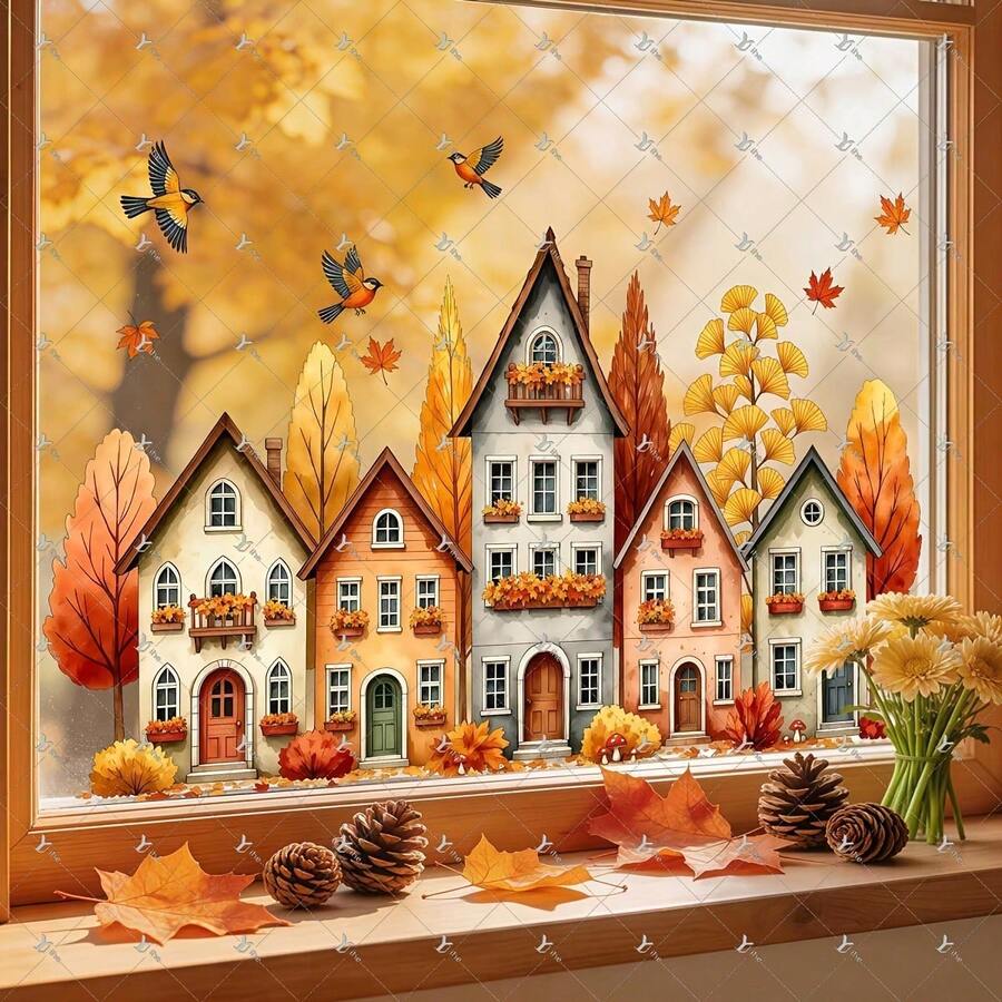 1pc Reusable Autumn Country Cottage Window Sticker, Double-Sided Visible PVC Static Cling Glass Decal, Suitable For Bedroom, Cafe, Classroom And Thanksgiving Home Decor - Multicolor - View 1