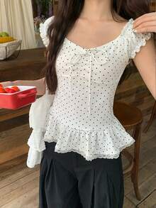 Women's Polka Dot Print Lace Trim Tie Waist Ruffle Hem T-Shirt White Casual Summer - White - View 2