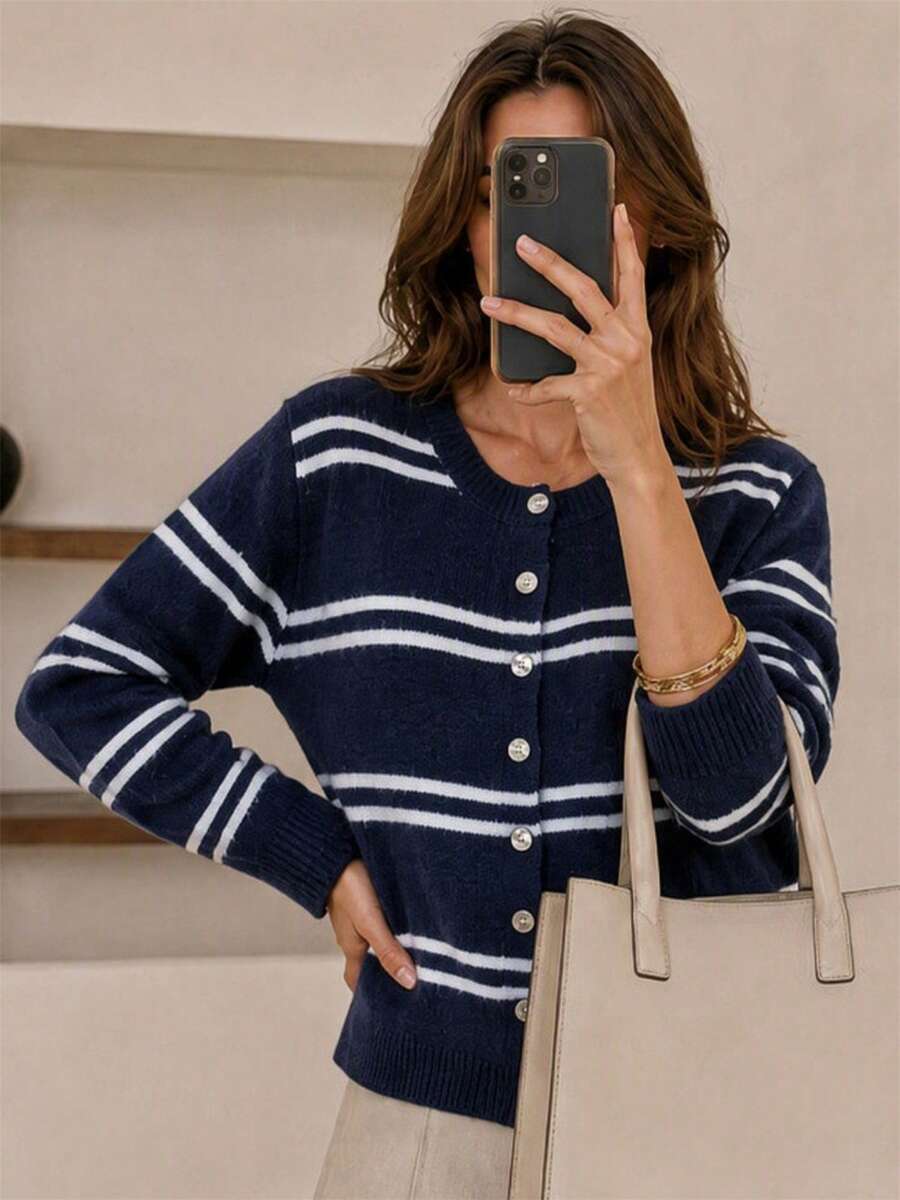 Wixra Navy White Striped Crew Neck Button Front Cropped Knit Cardigan, Casual Long Sleeve Sweater Jacket - Navy Blue - View 1